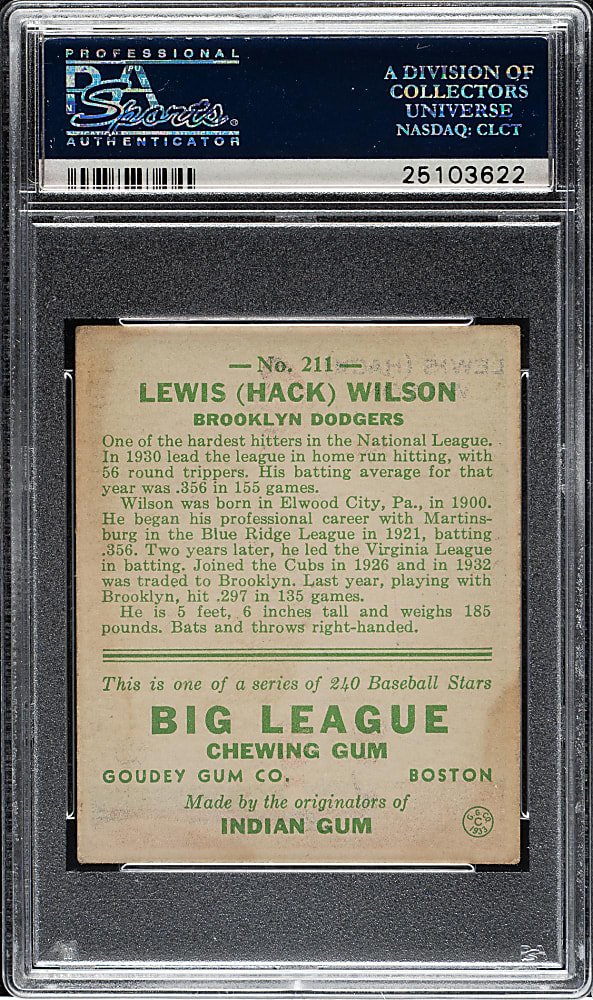 1933 R319 Goudey #211 Hack Wilson PSA VG-EX 4