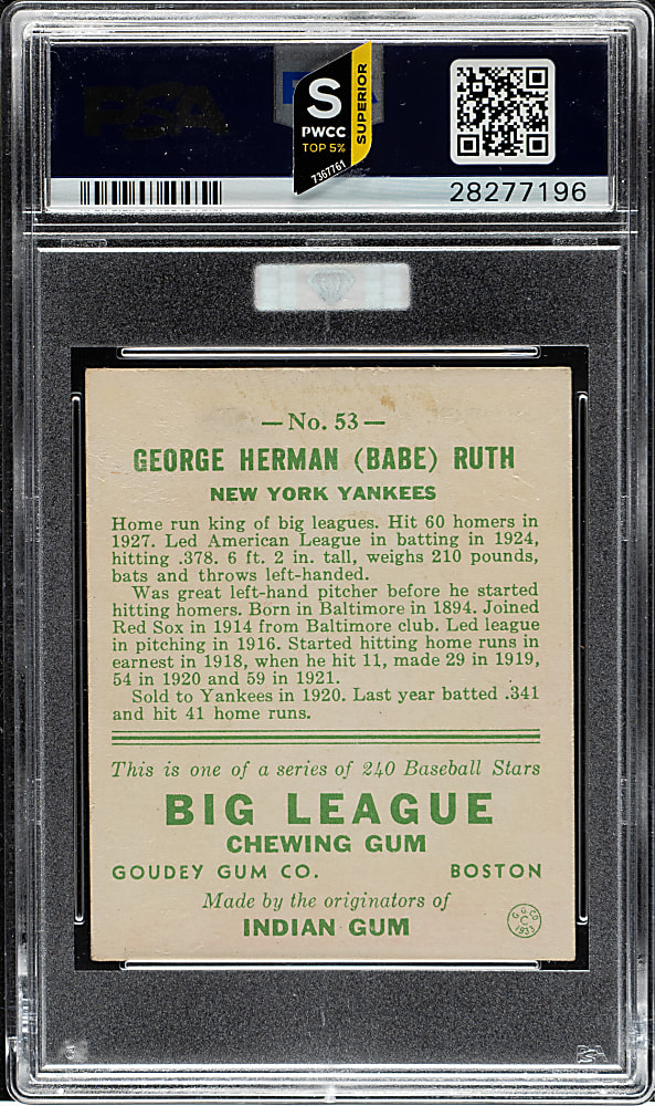 1933 R319 Goudey #53 Babe Ruth PSA EX 5 (MBA Gold Diamond)