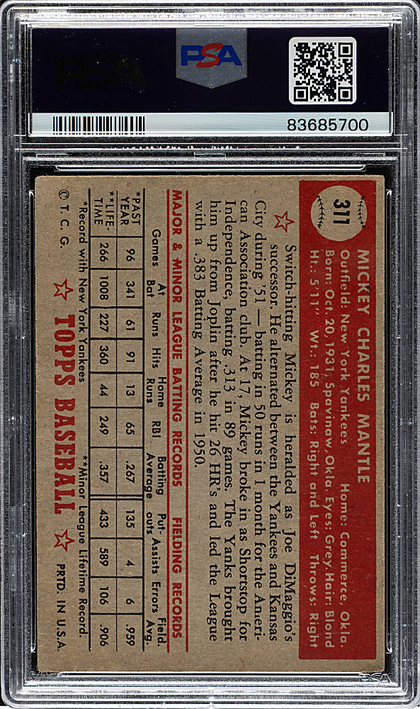 1952 Topps #311 Mickey Mantle PSA GOOD 2