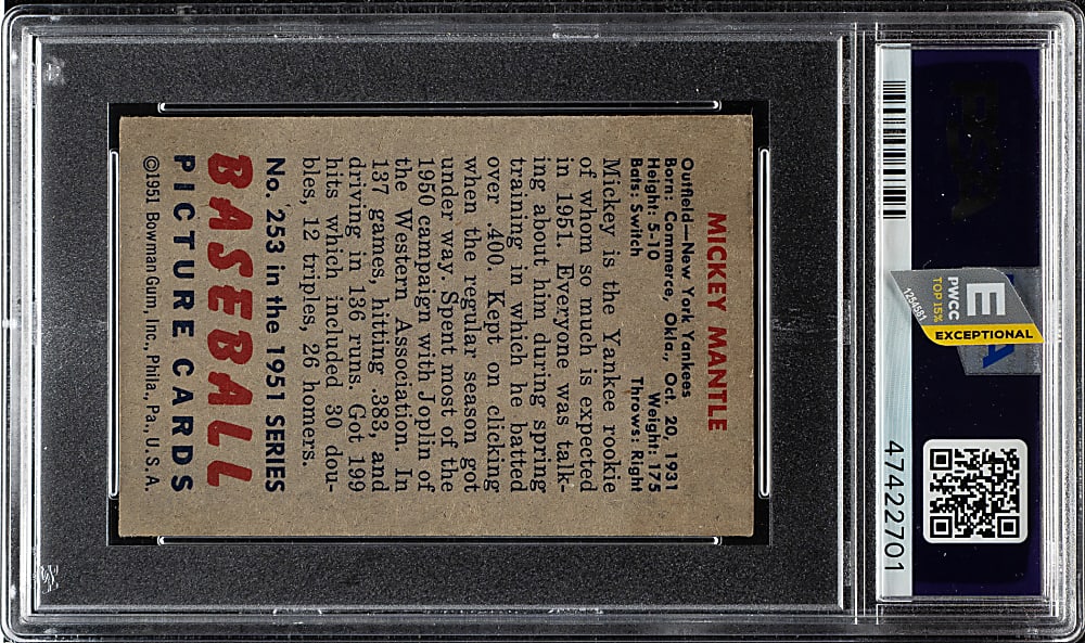 1951 Bowman #253 Mickey Mantle Rookie PSA VG 3