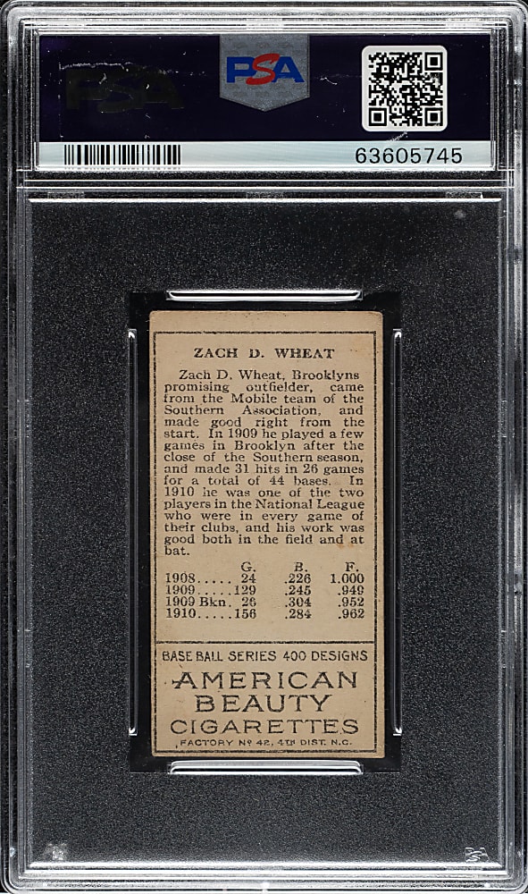 1911 T205 Gold Border Zack Wheat PSA VG 3 - American Beauty Back