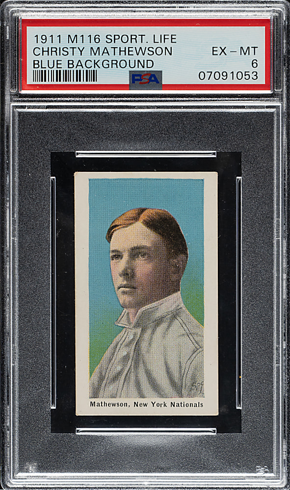 1910-1911 M116 Sporting Life Christy Mathewson Blue Background PSA EX-MT 6