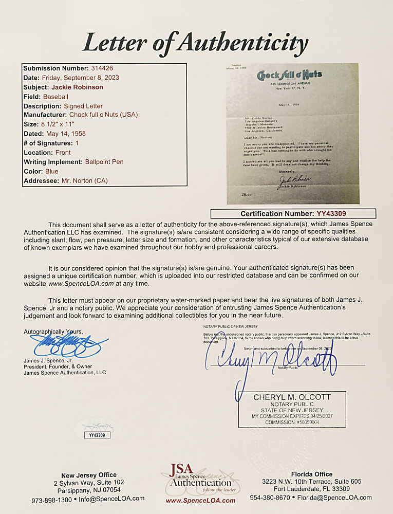 1958 Jackie Robinson Signed Letter with Time Magazine Display - JSA