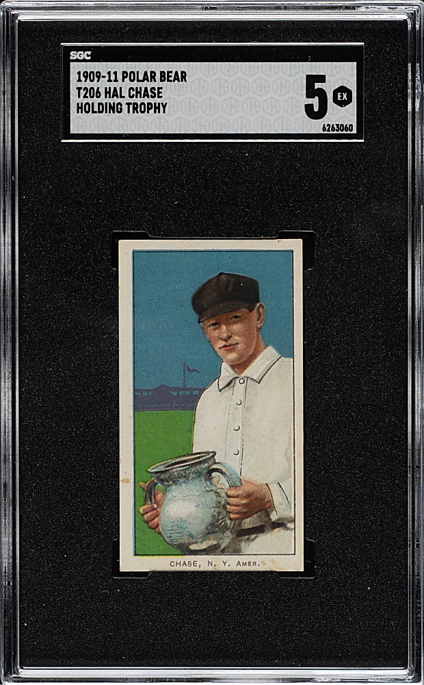 1909-1911 T206 White Border Hal Chase Holding Trophy SGC EX 5 - Polar Bear Back