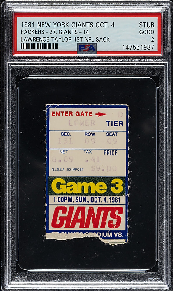 October 4, 1981 New York Giants (vs. Green Bay Packers) Ticket Stub PSA GOOD 2 - Lawrence Taylor First NFL Sack - 1 of 1 - Highest Graded!