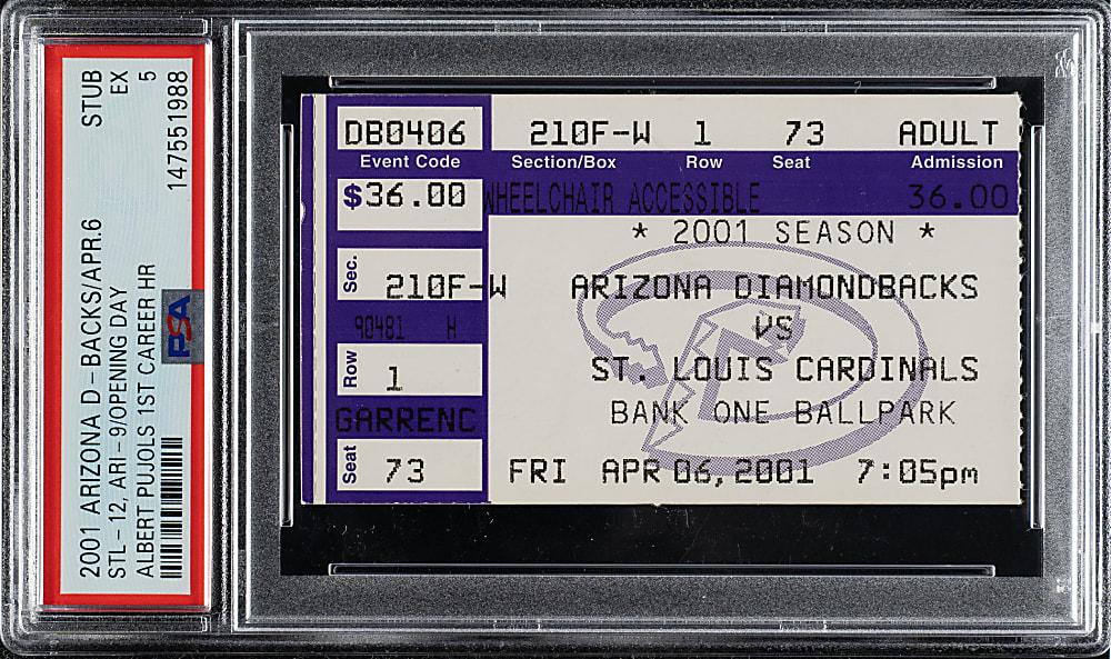April 6, 2001 Arizona Diamondbacks (vs. St. Louis Cardinals) Ticket Stub PSA EX 5 - Albert Pujols First Career Home Run