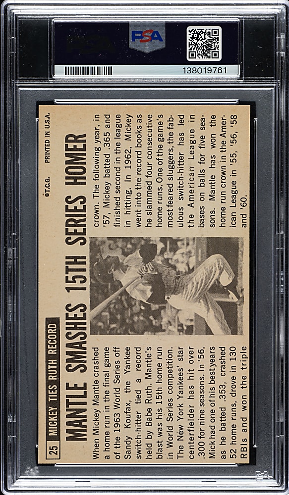 Signed 1964 Topps Giants #25 Mickey Mantle PSA NM 7 with GEM MINT 10 Signature