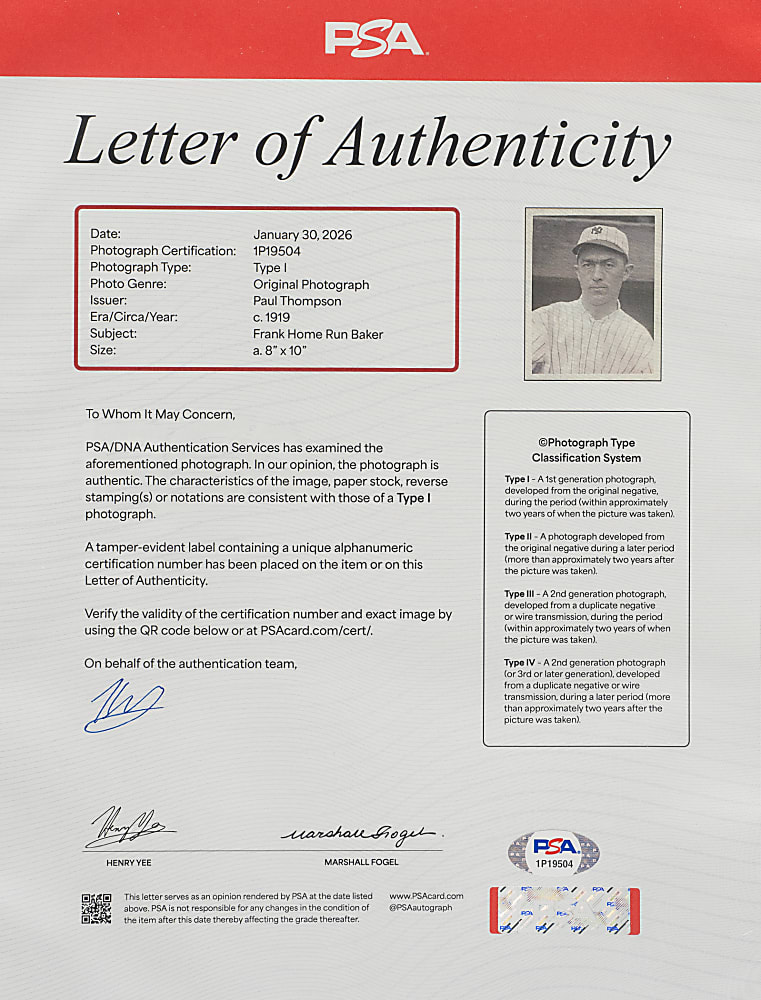 Circa 1919 Frank "Home Run" Baker Original Paul Thompson Agency Photograph PSA/DNA Type I