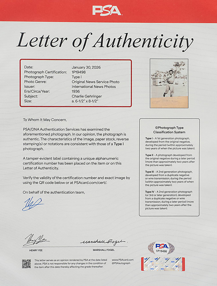 1936 Charlie Gehringer Original International News Photograph PSA/DNA Type I - Image Used for 1934-1936 R318 Batter-Up Card