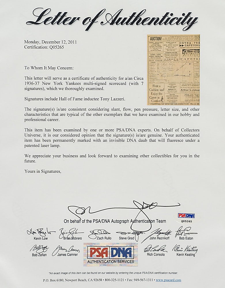 1936-1937 New York Yankees Multi-Signed Scorecard with Tony Lazzeri - PSA/DNA