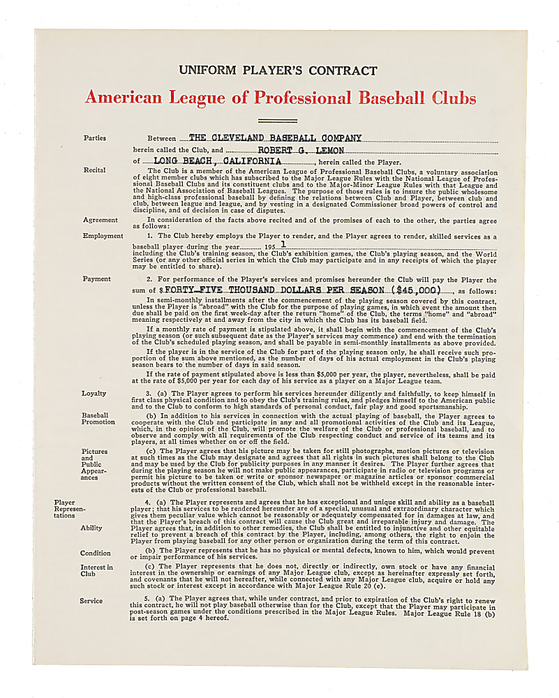 1951 Bob Lemon Signed Cleveland Indians Contract - Also Signed by Hank Greenberg