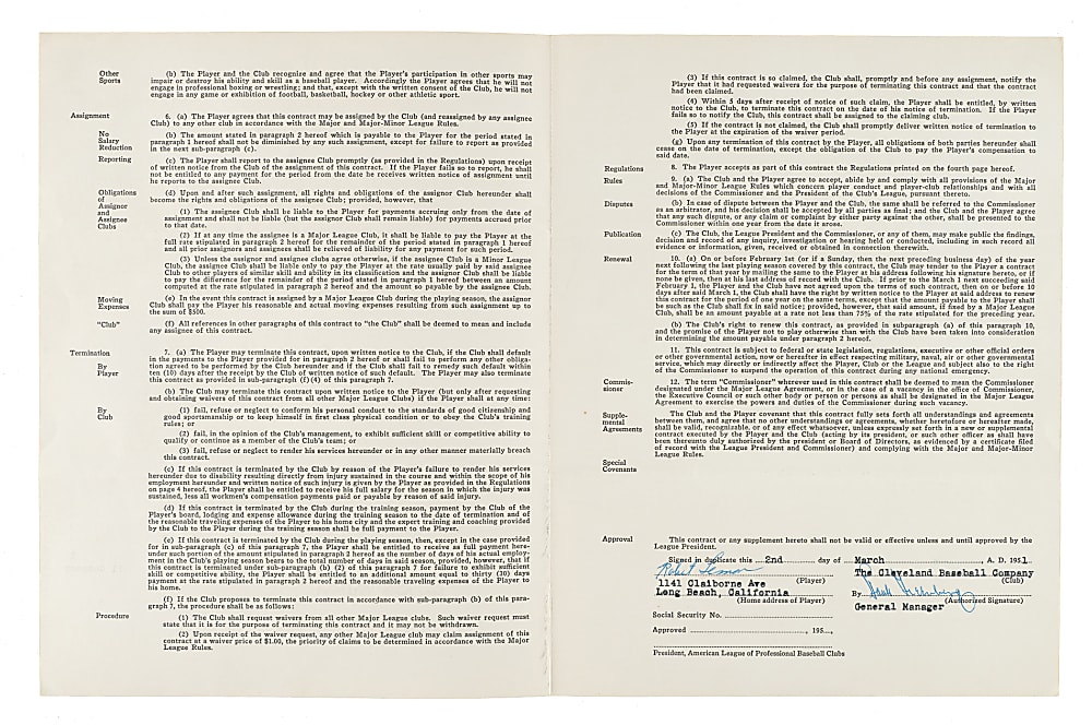 1951 Bob Lemon Signed Cleveland Indians Contract - Also Signed by Hank Greenberg