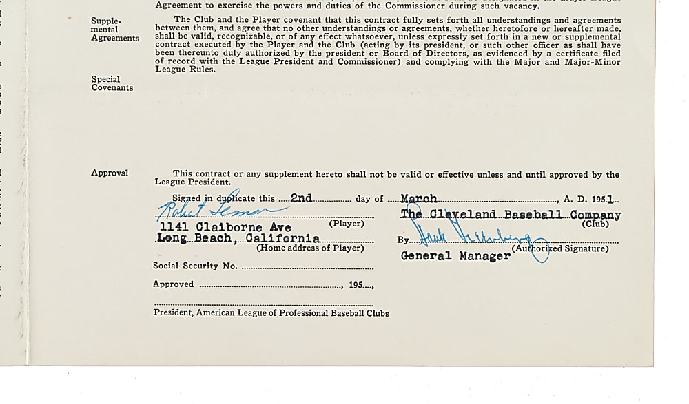 1951 Bob Lemon Signed Cleveland Indians Contract - Also Signed by Hank Greenberg