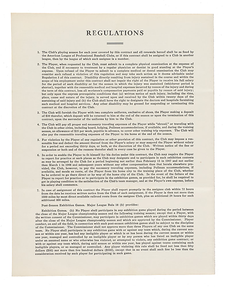 1951 Bob Lemon Signed Cleveland Indians Contract - Also Signed by Hank Greenberg