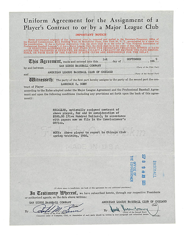 1959 Larry Doby Player-Transfer Agreement Signed by Hank Greenberg and Ralph Kiner