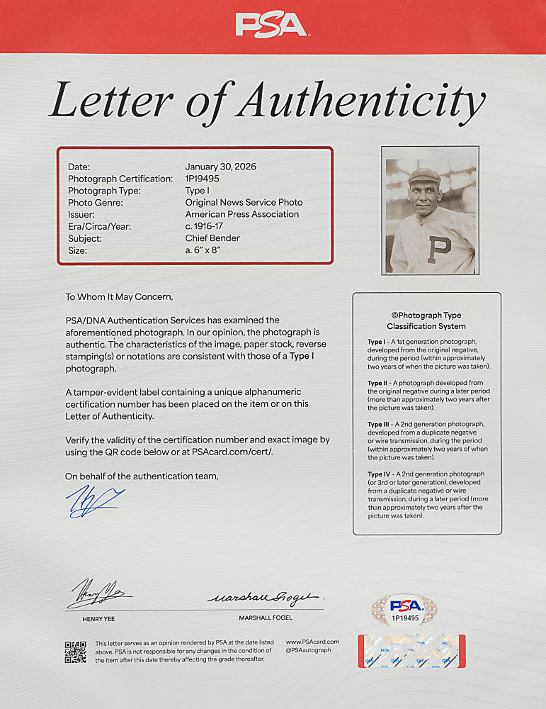 Circa 1916-1917 Chief Bender Original American Press Association Photograph PSA/DNA Type I