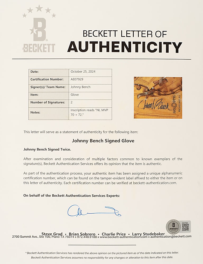 1972 Johnny Bench Cincinnati Reds Twice-Signed Game-Used Catcher's Glove with Reggie Jackson Provenance - MVP Season - PSA/DNA and Beckett