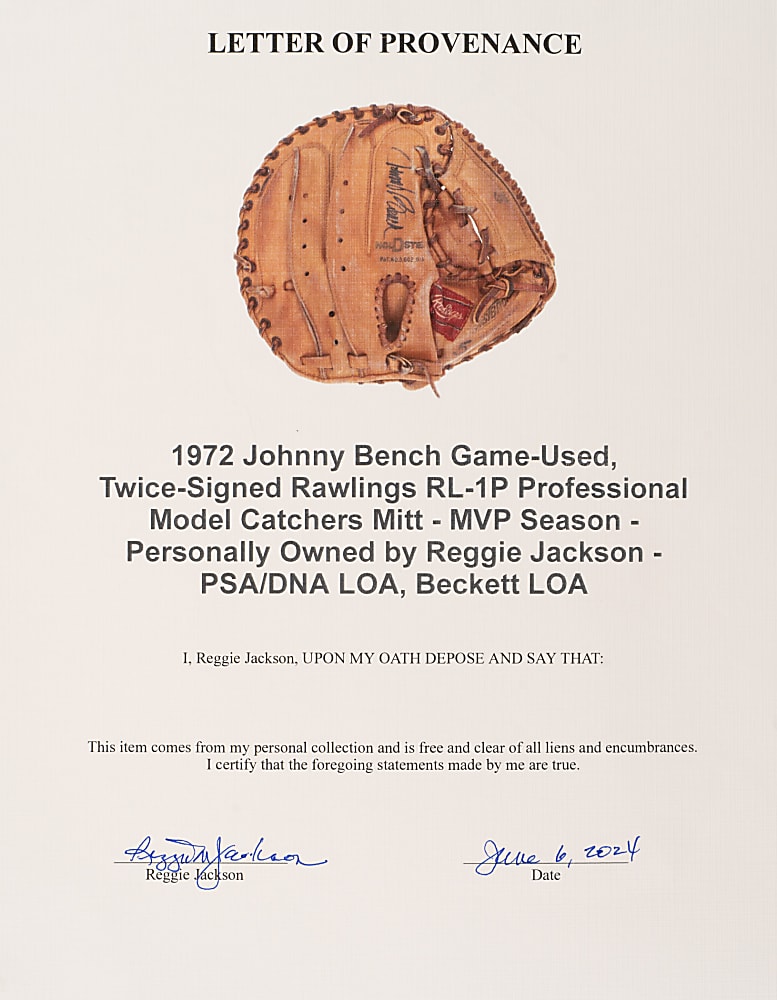 1972 Johnny Bench Cincinnati Reds Twice-Signed Game-Used Catcher's Glove with Reggie Jackson Provenance - MVP Season - PSA/DNA and Beckett