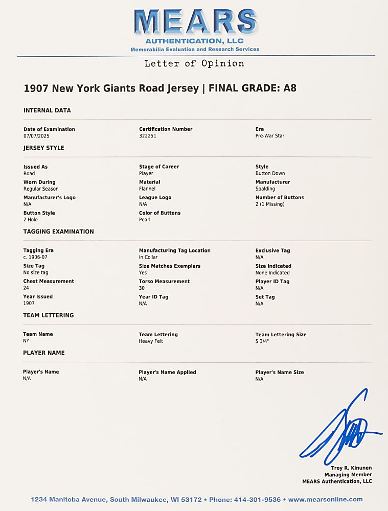 Extremely Rare 1907 New York Giants Game-Used Road Jersey MEARS A8 - One-Year Style Jersey