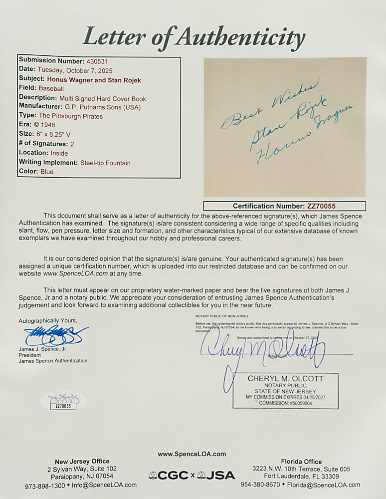 1948 Honus Wagner and Stan Rojek Signed "The Pittsburgh Pirates" Book - JSA