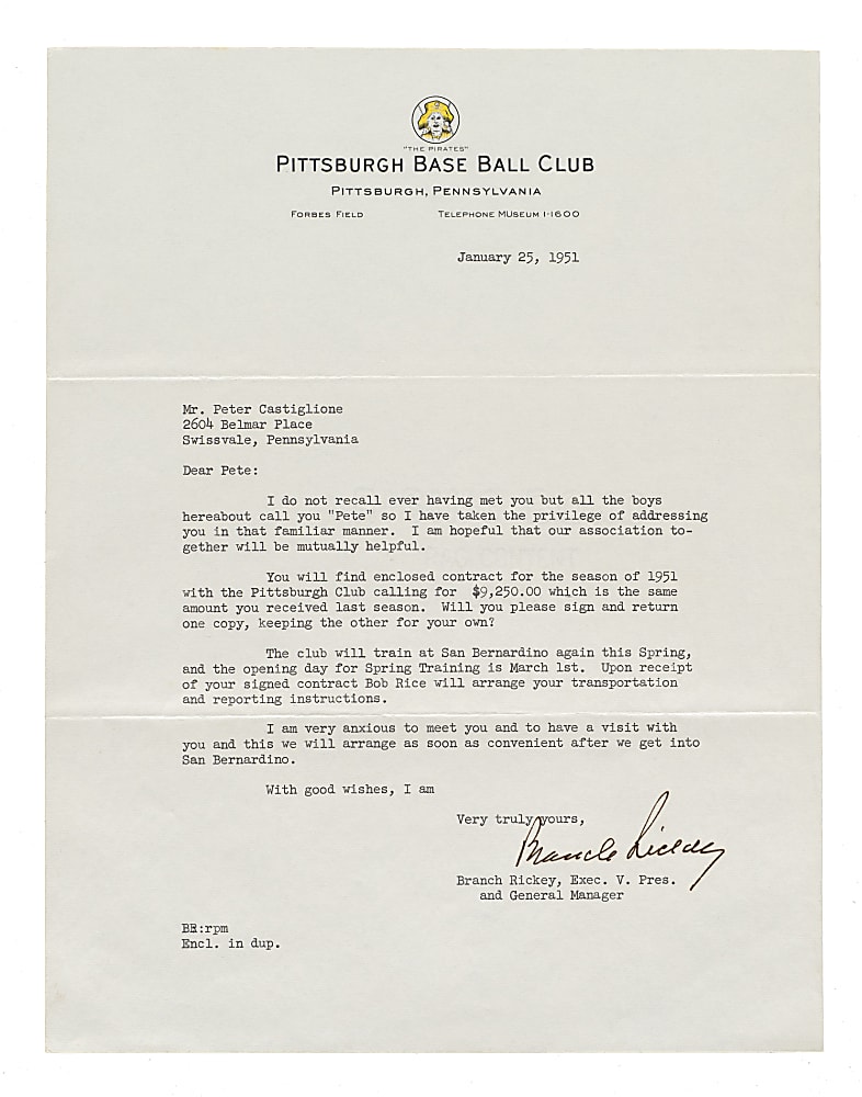 1951 Branch Rickey Signed Letter to Pittsburgh Pirates Pete Castiglione - PSA/DNA