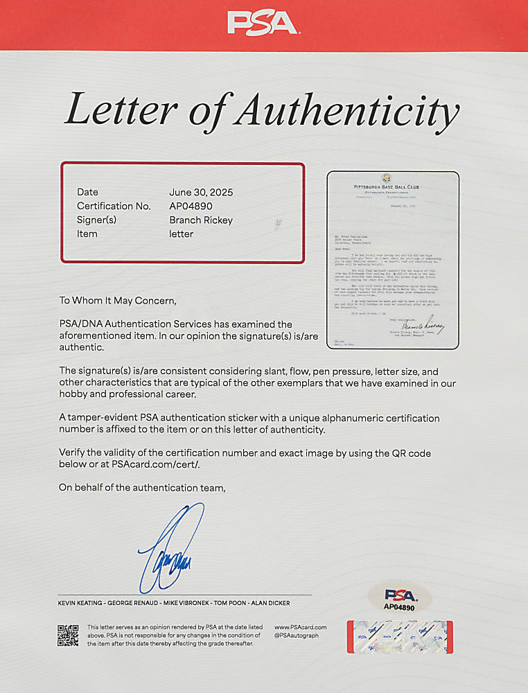 1951 Branch Rickey Signed Letter to Pittsburgh Pirates Pete Castiglione - PSA/DNA