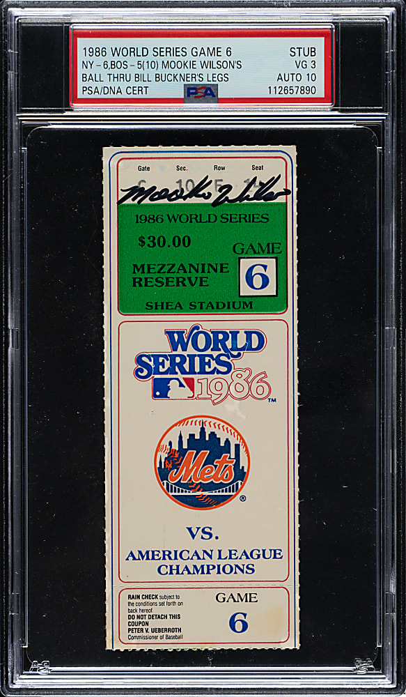 1986 New York Mets (vs. Boston Red Sox) World Series Game 6 Ticket Stub Signed by Mookie Wilson PSA VG 3 with GEM MINT 10 Signature - Bill Buckner Error