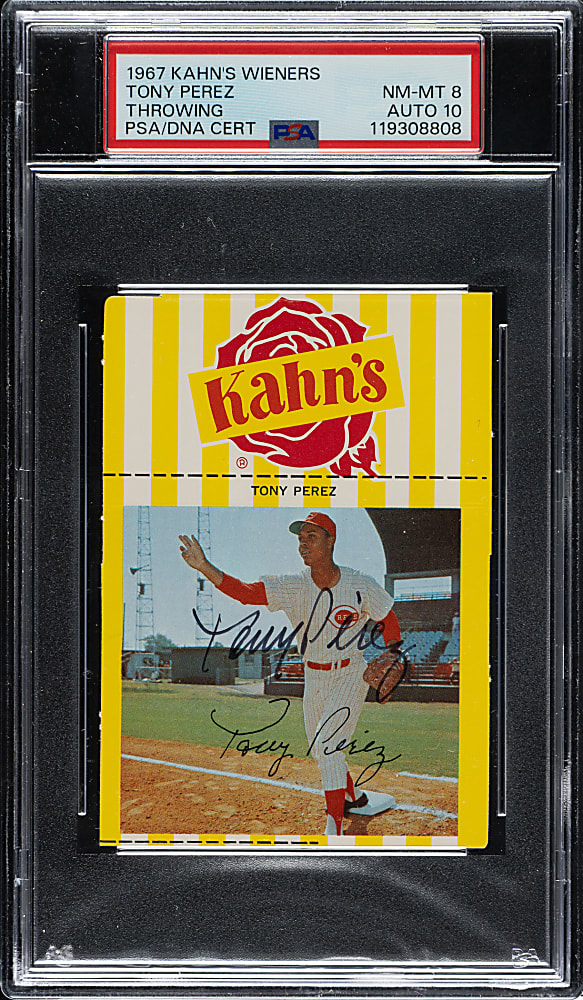 Signed 1967 Kahn's Wieners Tony Perez Throwing PSA NM-MT 8 with GEM MINT 10 Signature - The ONLY Graded Signed Example!