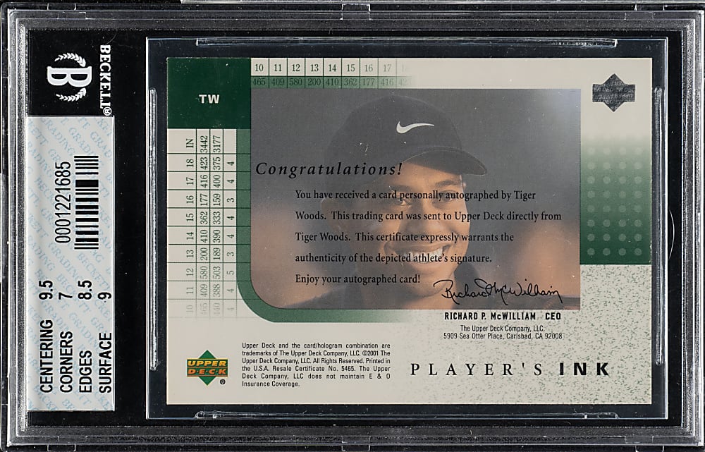 2001 Upper Deck Player's Ink Golf #TW Tiger Woods Rookie BGS NM+ 7.5