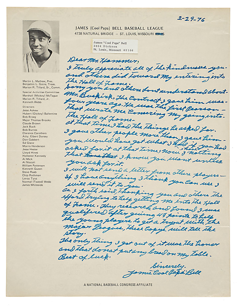 1976 James "Cool Papa" Bell Signed Handwritten Letter