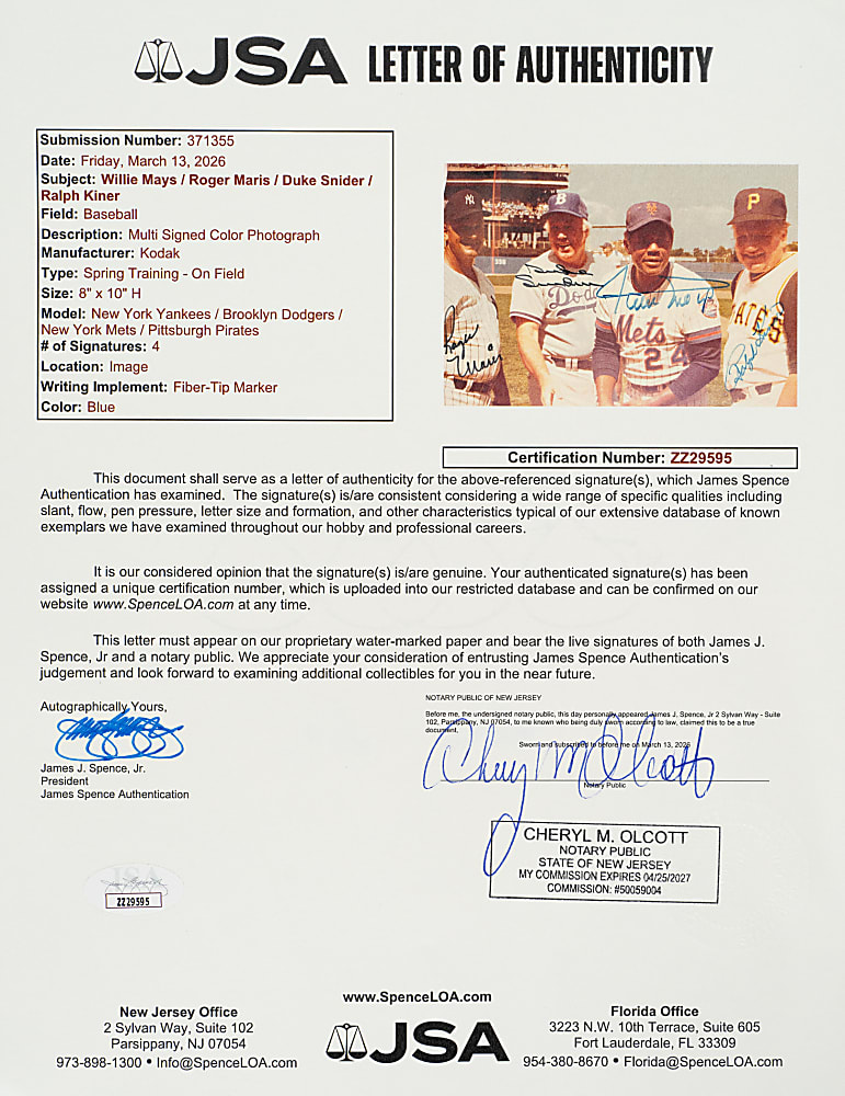 Roger Maris, Duke Snider, Willie Mays, and Ralph Kiner Signed Photograph - JSA