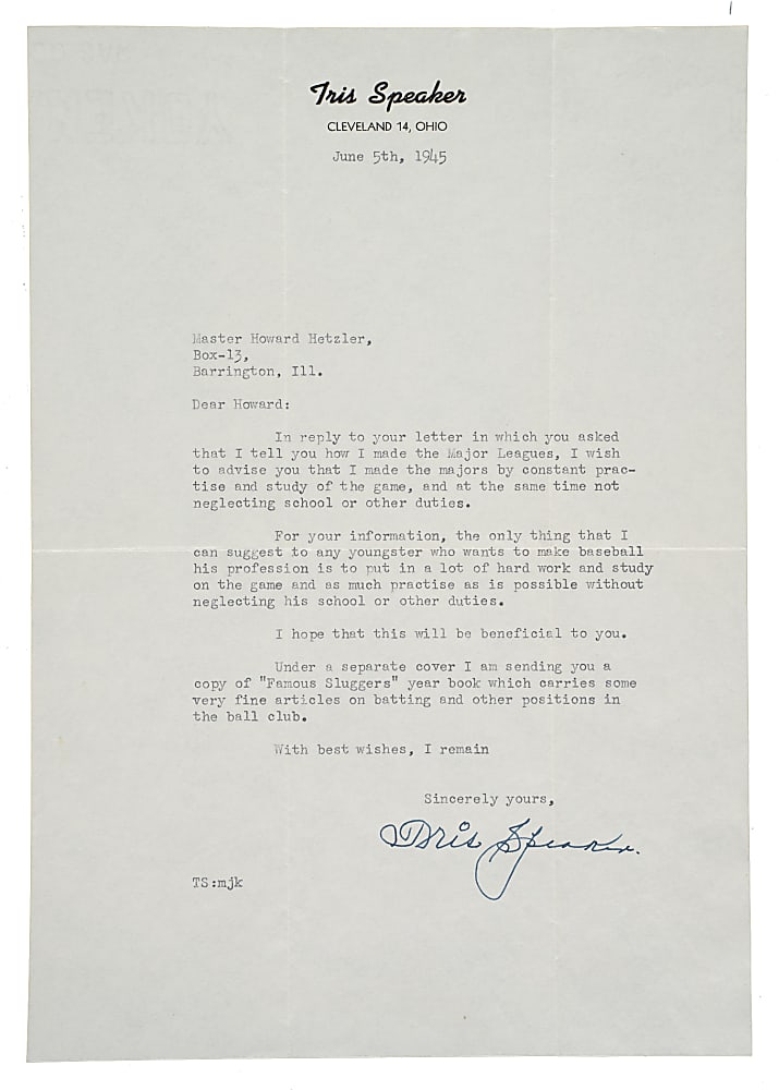 1945 Tris Speaker Signed Letter