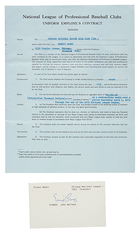 1973 Ernie Banks Chicago Cubs Coach's Contract