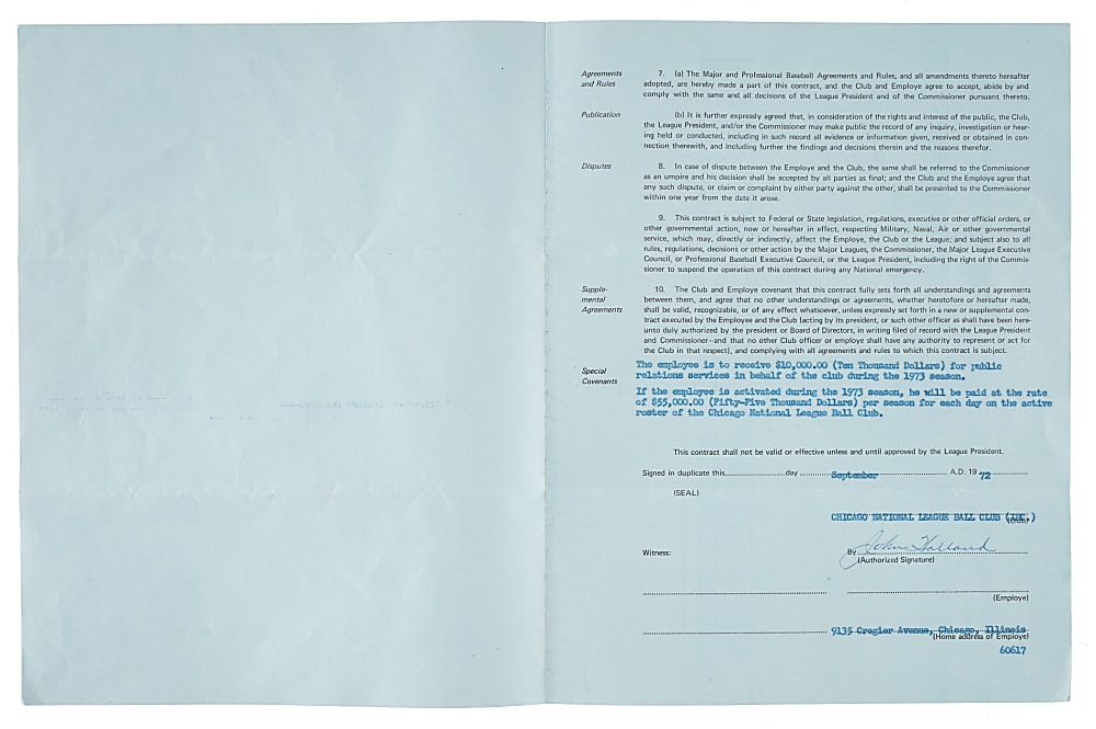 1973 Ernie Banks Chicago Cubs Coach's Contract