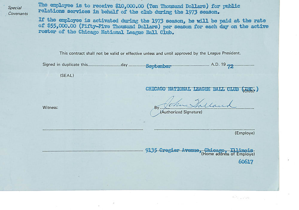 1973 Ernie Banks Chicago Cubs Coach's Contract