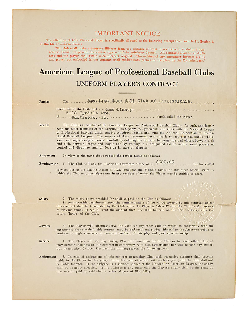 1924 Max Bishop Philadelphia Athletics Signed Rookie Contract