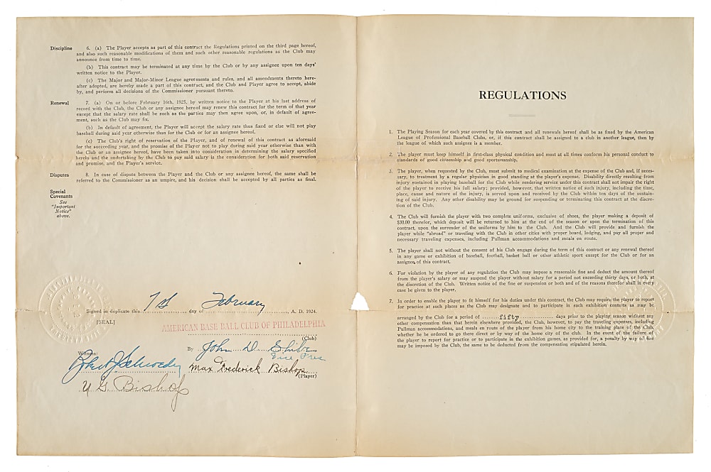 1924 Max Bishop Philadelphia Athletics Signed Rookie Contract