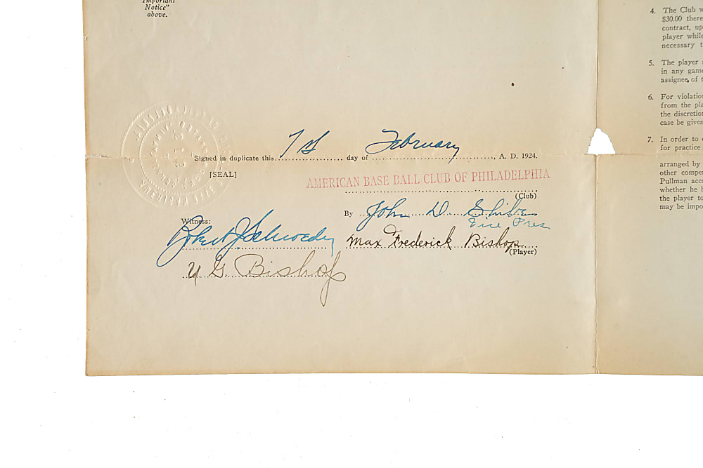 1924 Max Bishop Philadelphia Athletics Signed Rookie Contract