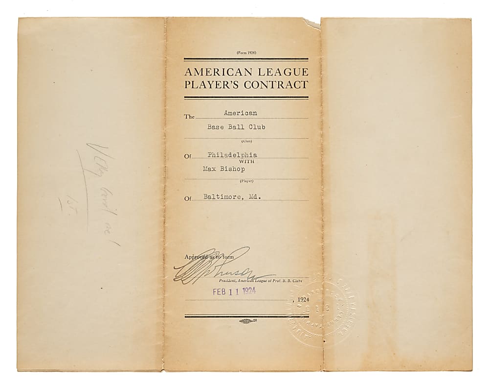1924 Max Bishop Philadelphia Athletics Signed Rookie Contract