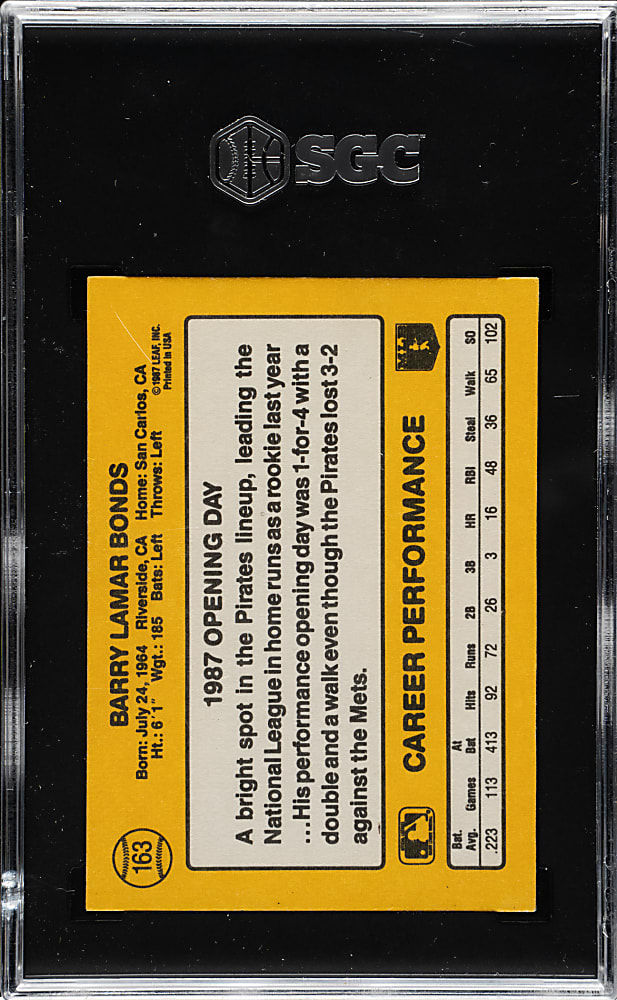 1987 Donruss Opening Day #163 Barry Bonds Rookie SGC EX/NM 6 - Johnny Ray Error!