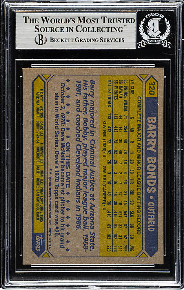Signed 1987 Topps #320 Barry Bonds Rookie - Beckett - Early Signature!