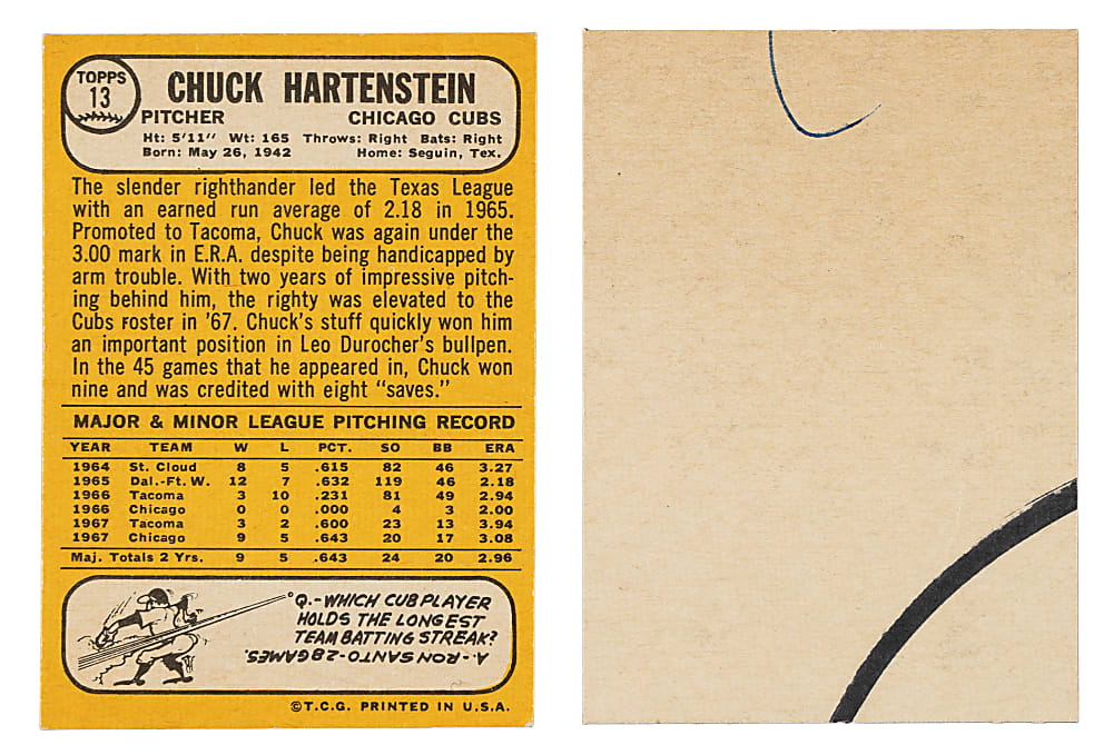 1968 Topps #13 Chuck Hartenstein Green Circle Blank-Back Proof Card
