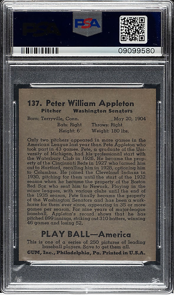 1939 R334 Play Ball #137 Pete Appleton PSA MINT 9 - 1 of 3 - Highest Graded!