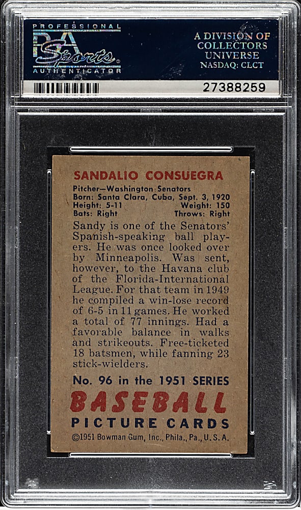 1951 Bowman #96 Sandalio Consuegra PSA MINT 9