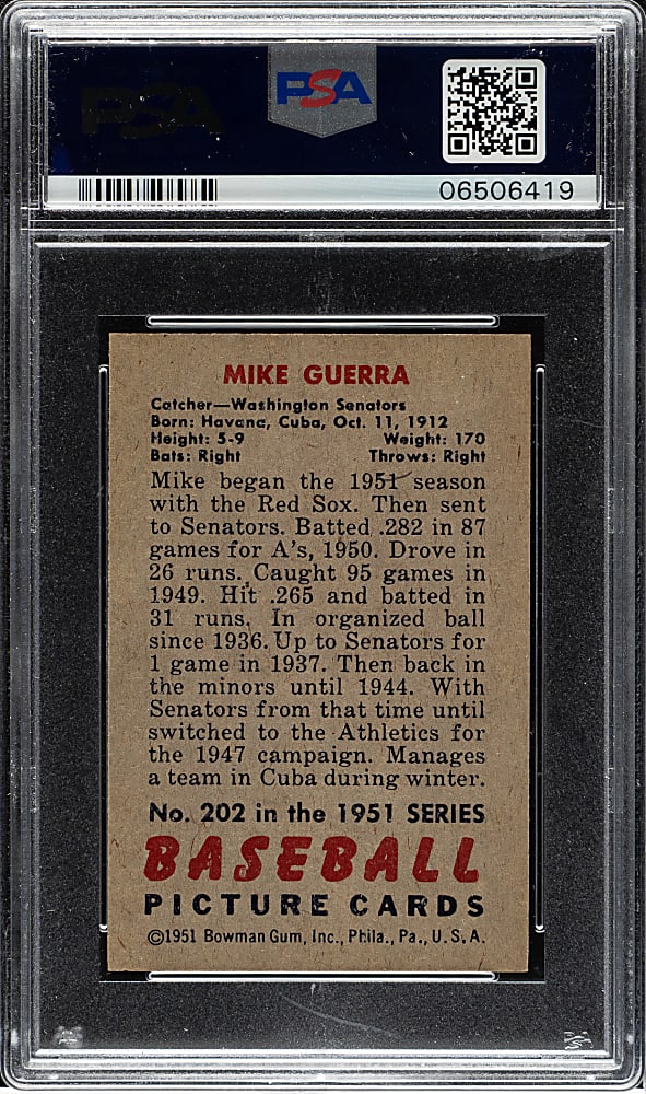 1951 Bowman #202 Mike Guerra PSA MINT 9