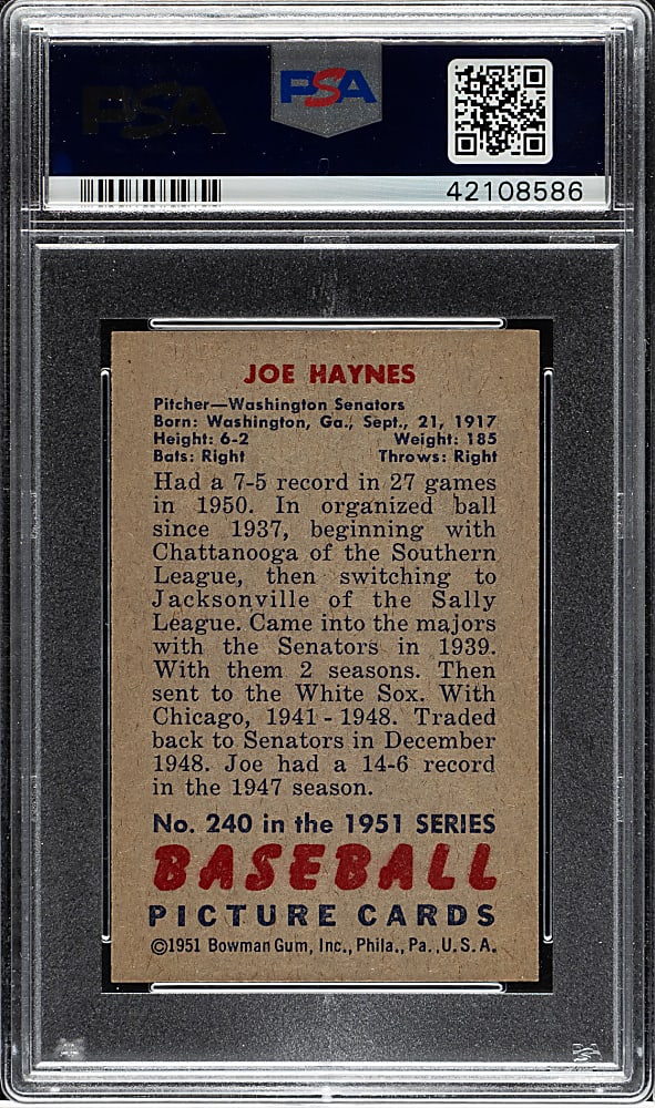 1951 Bowman #240 Joe Haynes PSA MINT 9