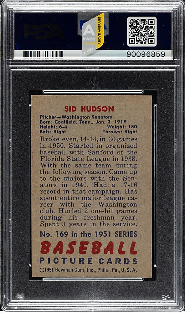 1951 Bowman #169 Sid Hudson PSA MINT 9