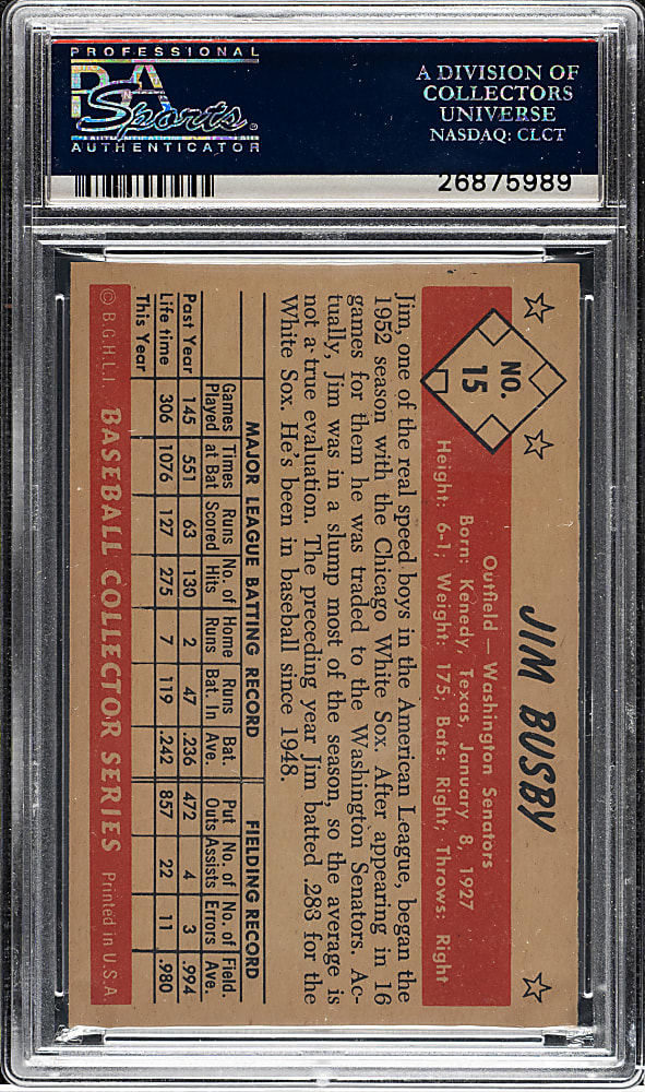 1953 Bowman Color #15 Jim Busby PSA MINT 9