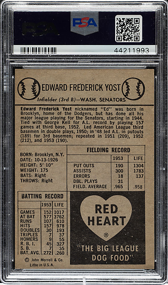 1954 Red Heart Dog Food Eddie Yost PSA MINT 9 - Highest Graded!