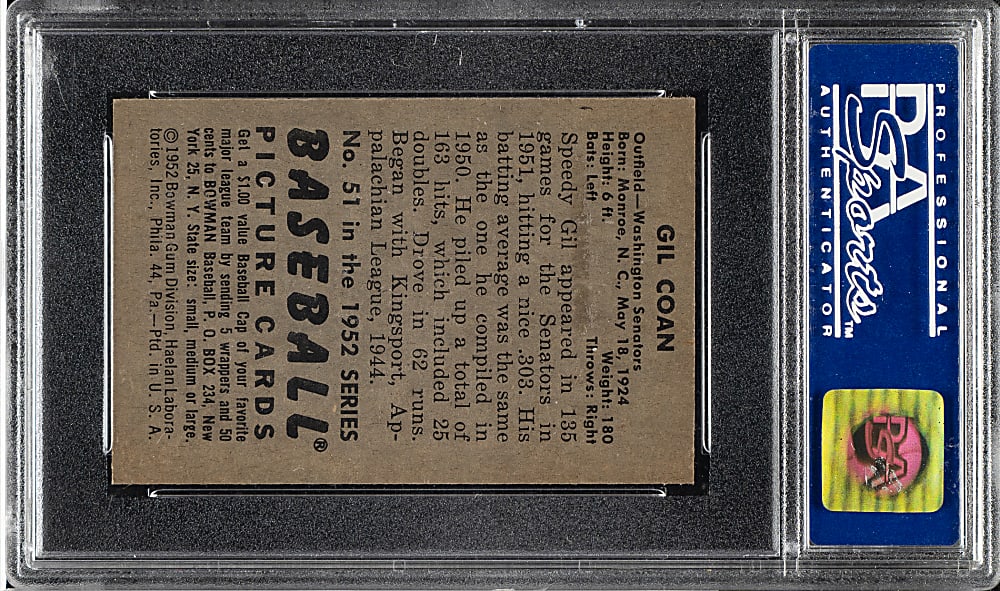 1952 Bowman #51 Gil Coan PSA MINT 9 - Highest Graded!